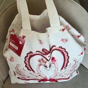Elegant White and Pink Swan Embroidered Tote Bag